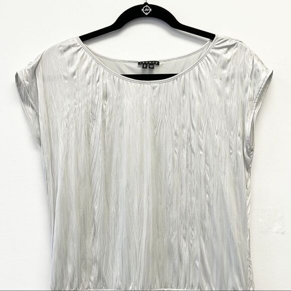Theory Denatria Full Mooth Silver Crinkle Satin Drop Waist Mini Dress Size Small - Picture 3 of 14